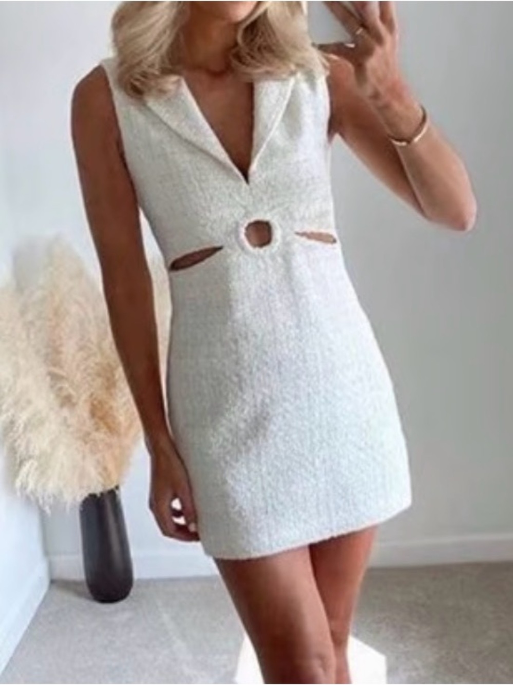 Zara Cream Tweed Sleeveless Mini Dress with Cutout Ring